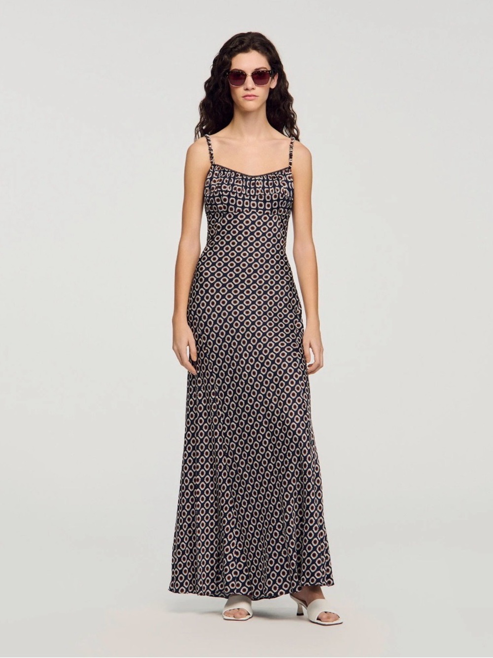 Sandro Black and White Geometric Spaghetti Strap Maxi Dress